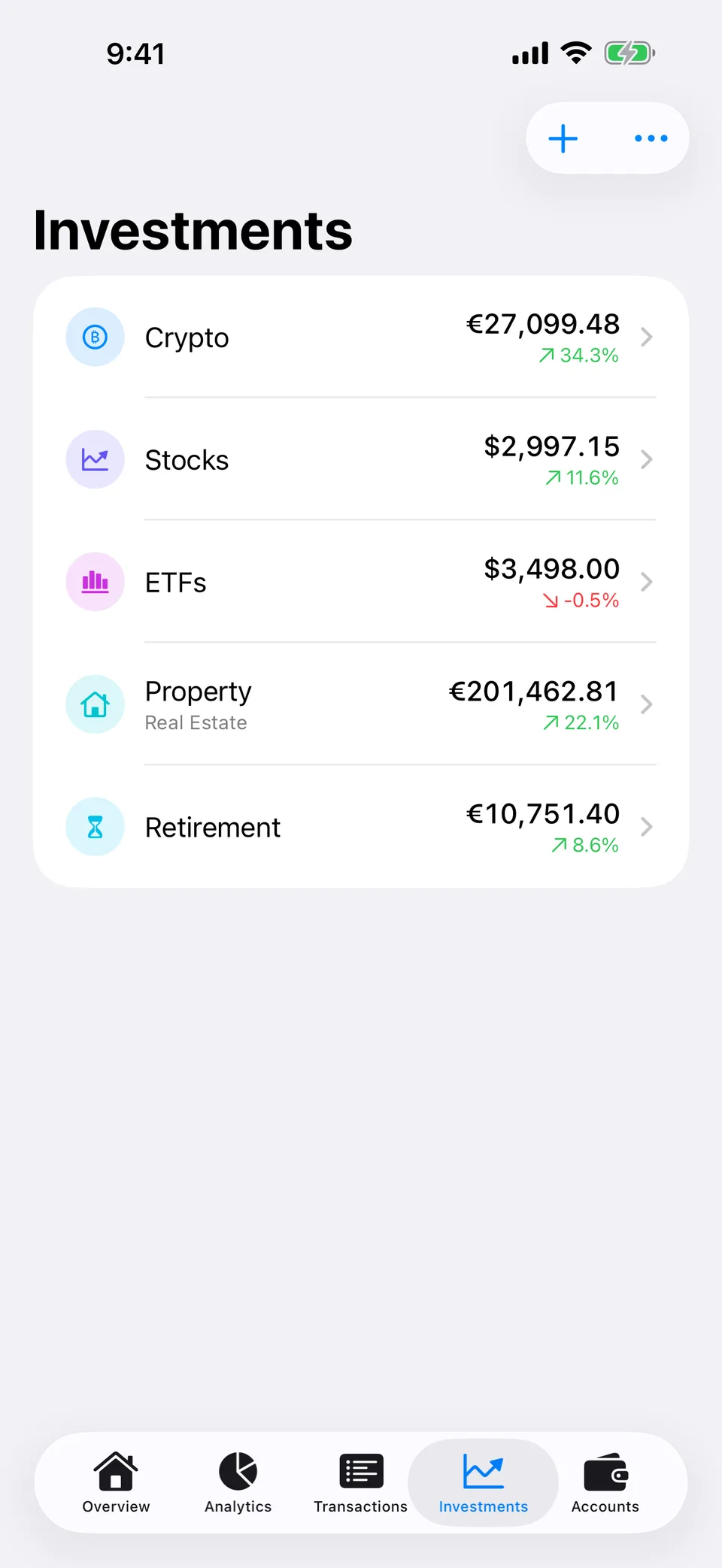 Arrel’s Investments screen: Crypto at €27,099.48 up 34.3%, Stocks at $2,997.15 up 11.6%, ETFs at $3,498.00 down 0.5%, Property at €201,462.81 up 22.1%, and Retirement at €10,751.40 up 8.6%.