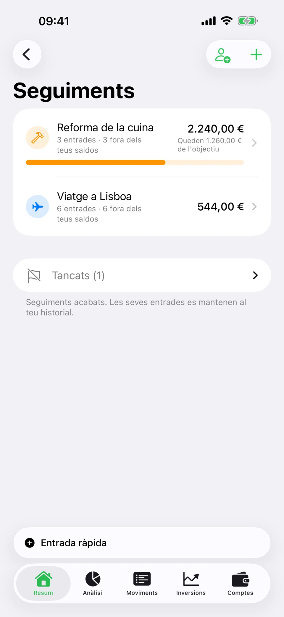La pantalla Seguiments d'Arrel: un seguiment de Reforma de la cuina amb el seu avanç sobre l'objectiu, un Viatge a Lisboa amb sis entrades i una secció amb els seguiments ja tancats.