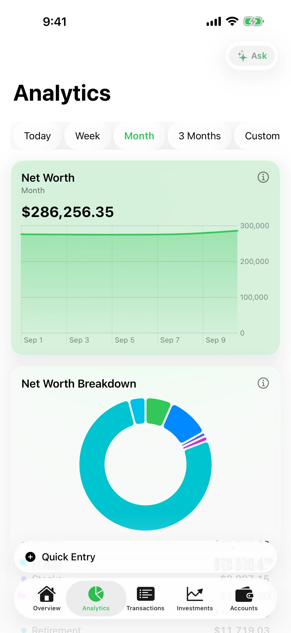Arrel’s Analytics screen for the month: net worth of $286,120.18 on a rising line chart, and a net worth breakdown donut listing accounts at $18,773.11, crypto at $29,538.43 and stocks at $2,997.15.