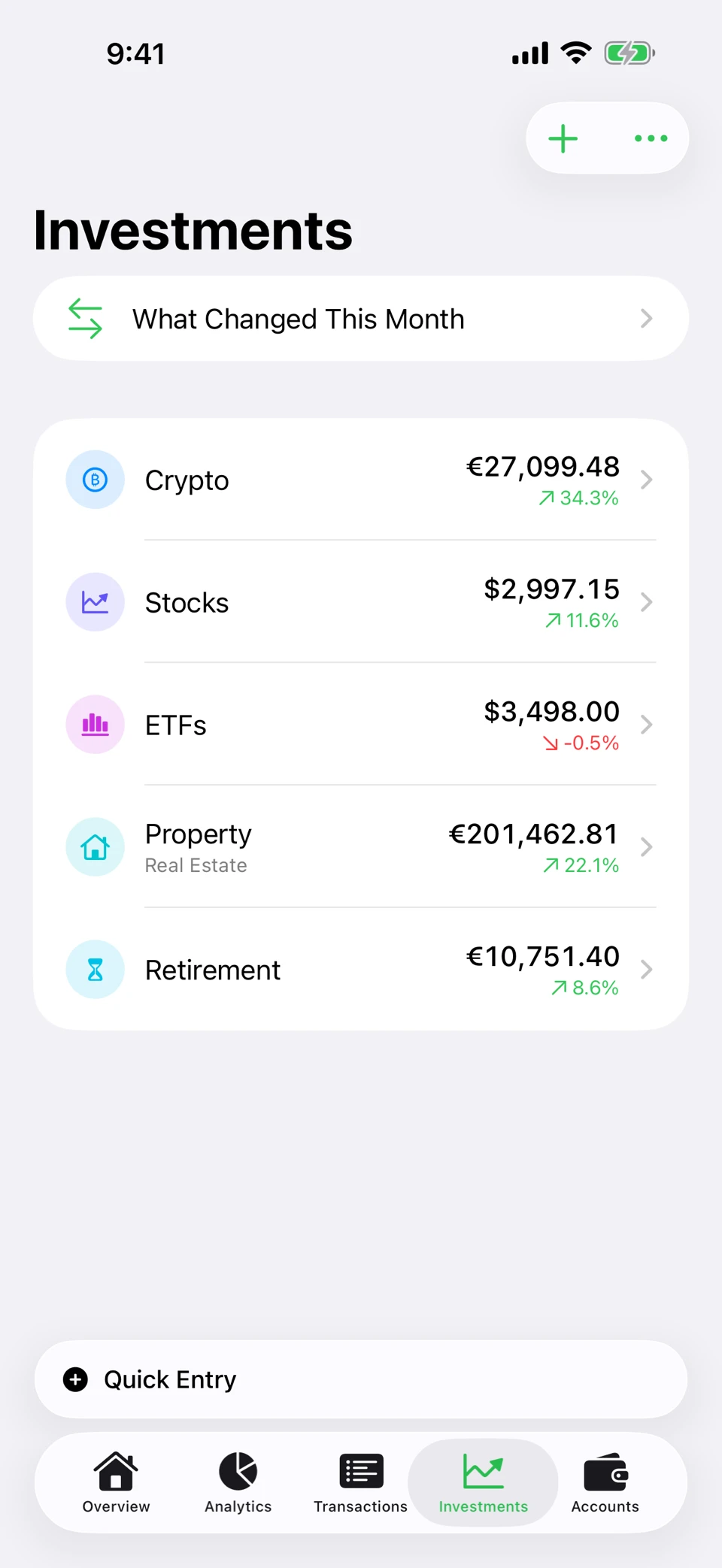 Arrel’s Investments screen: Crypto at €27,099.48 up 34.3%, Stocks at $2,997.15 up 11.6%, ETFs at $3,498.00 down 0.5%, Property at €201,462.81 up 22.1%, and Retirement at €10,751.40 up 8.6%.