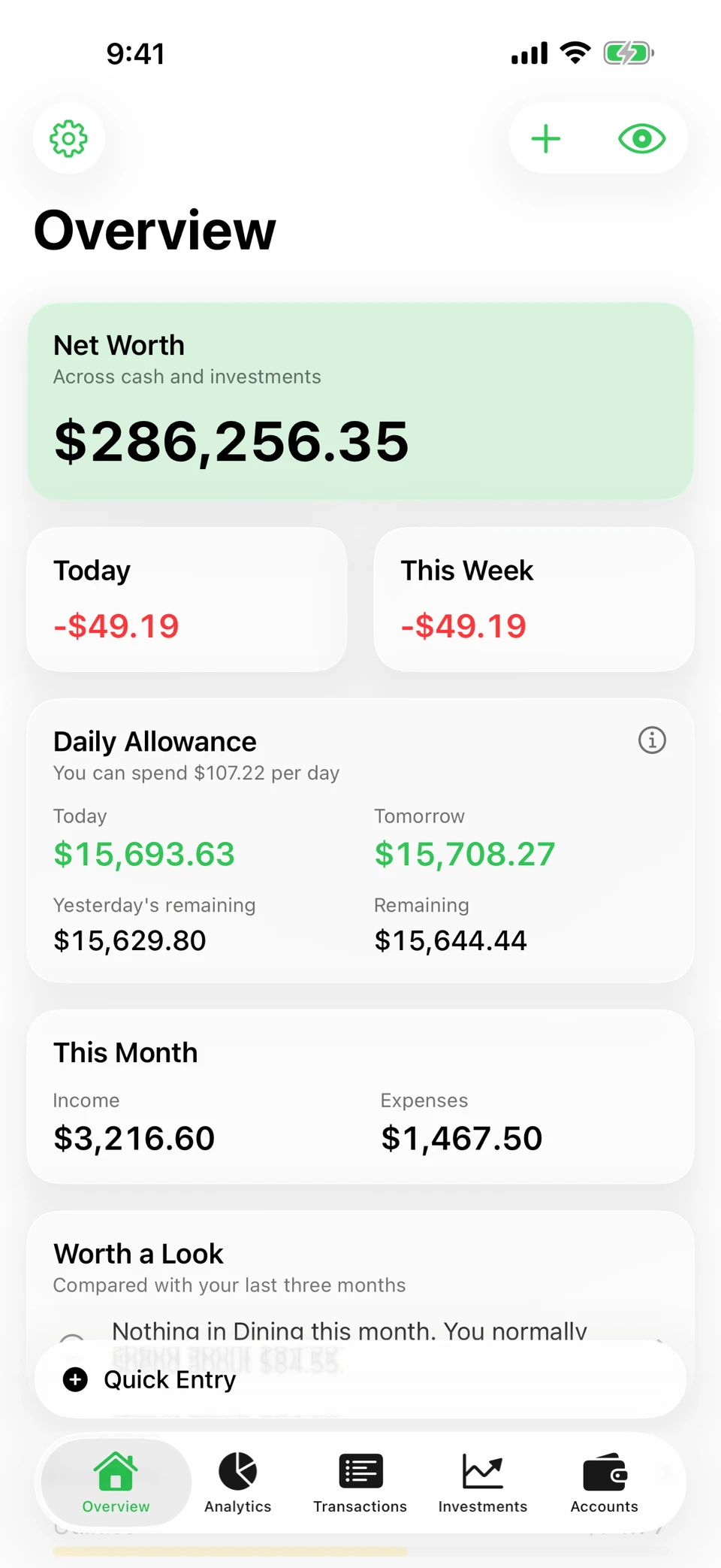 Arrel's Overview screen: net worth across cash and investments, spending today and this week, income against expenses for the month, budget progress by category, and open trackers.