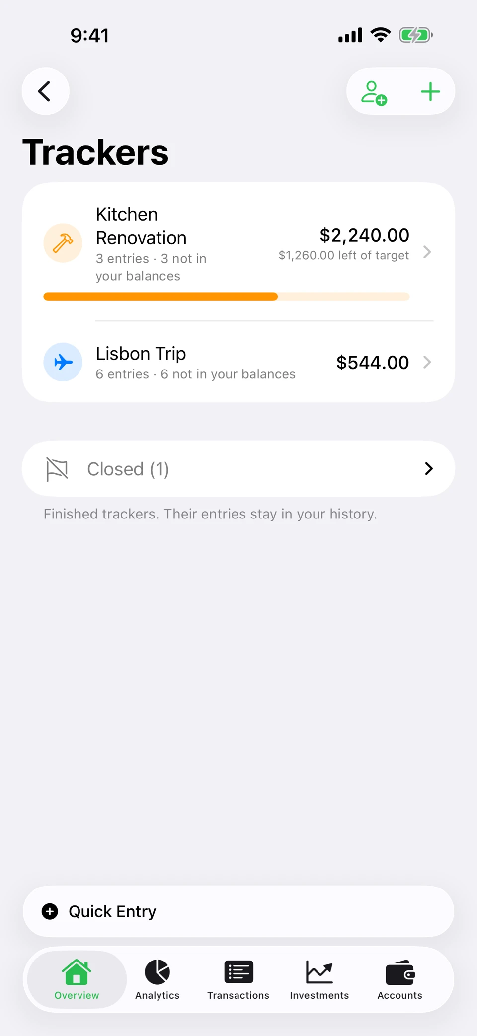 Arrel's Trackers screen: a Kitchen Renovation tracker showing spending against its target, a Lisbon Trip tracker with six entries, and a section holding finished trackers.
