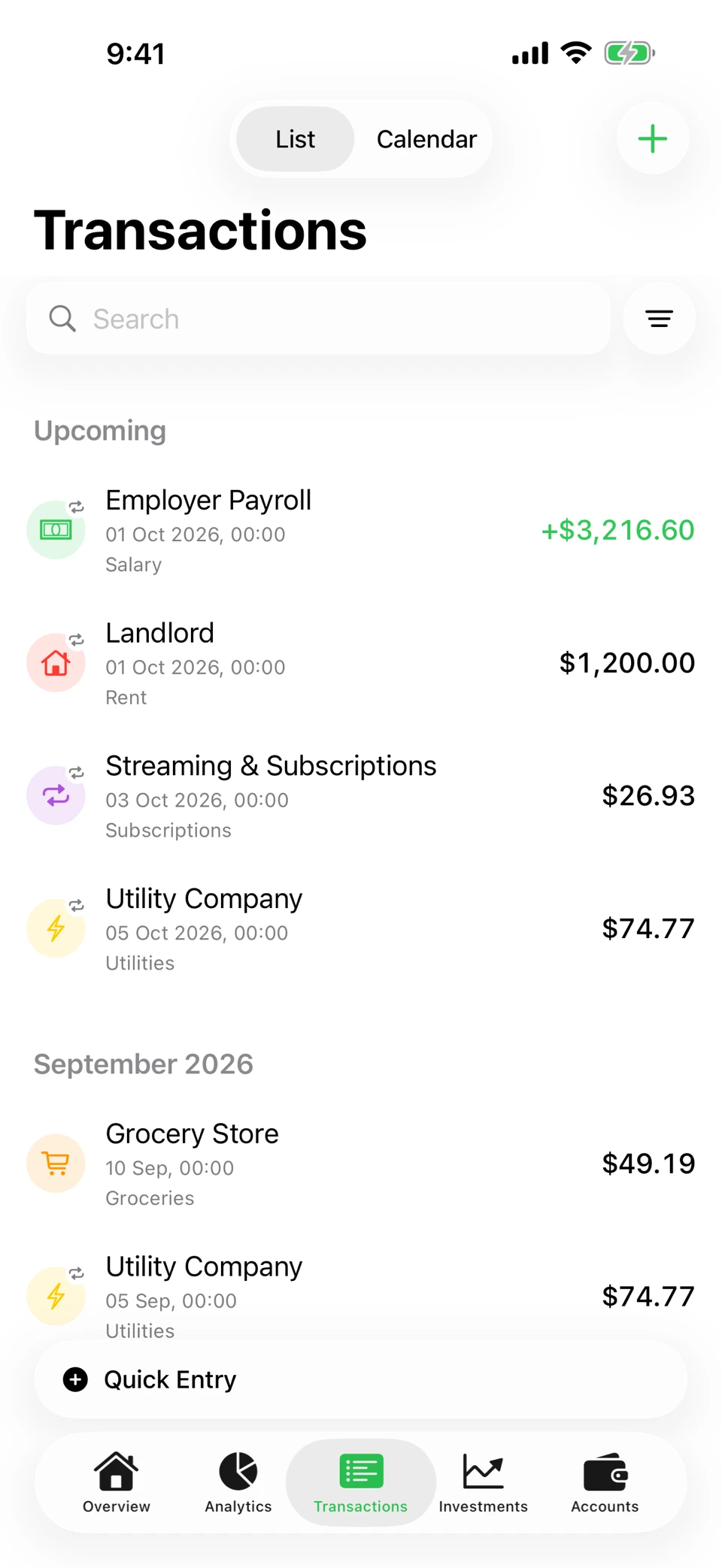 Arrel’s Transactions screen: an Upcoming section listing a $3,216.60 salary and $1,200.00 rent due on 1 September, then August’s transactions — $53.21 at a grocery store, $24.74 dining, $26.07 transit — each with its category.