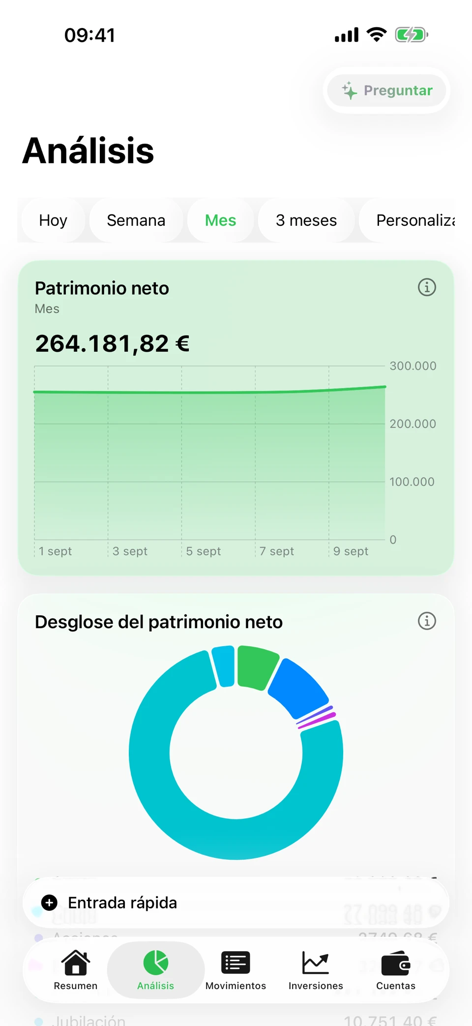 La pantalla Análisis de Arrel para el mes: un patrimonio neto de 264.045,65 € sobre una línea ascendente, y un desglose en donut con las cuentas en 18.773,11 €, cripto en 27.099,48 € y acciones en 2.740,68 €.