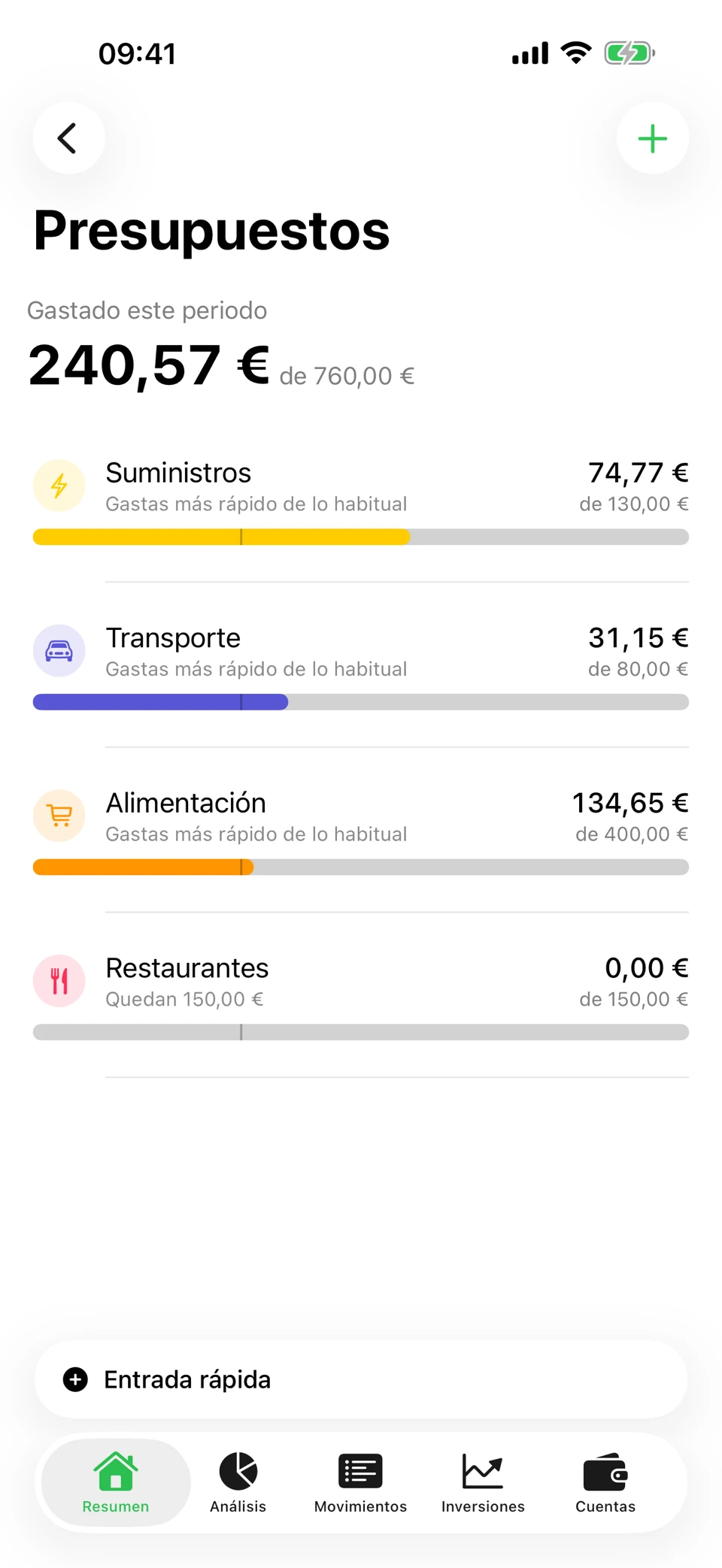La pantalla Presupuestos de Arrel: 376,74 € gastados de 760,00 € este periodo, con barras por categoría — Transporte 53,22 € de 80,00 €, Suministros 74,77 € de 130,00 €, Alimentación 187,86 € de 400,00 € y Restaurantes 60,89 € de 150,00 € — cada una con lo que queda.