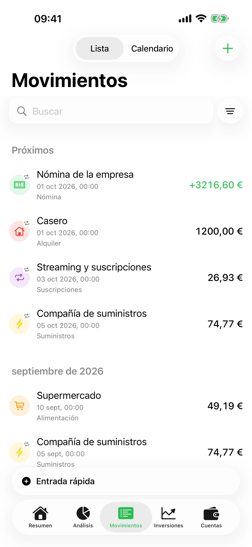 La pantalla Movimientos de Arrel: en Próximos, el alquiler de 1200,00 € y una nómina de +3216,60 € el 1 de septiembre; debajo, los movimientos de agosto — 53,21 € en el supermercado, 24,74 € en un restaurante, 26,07 € en transporte — cada uno con su categoría.