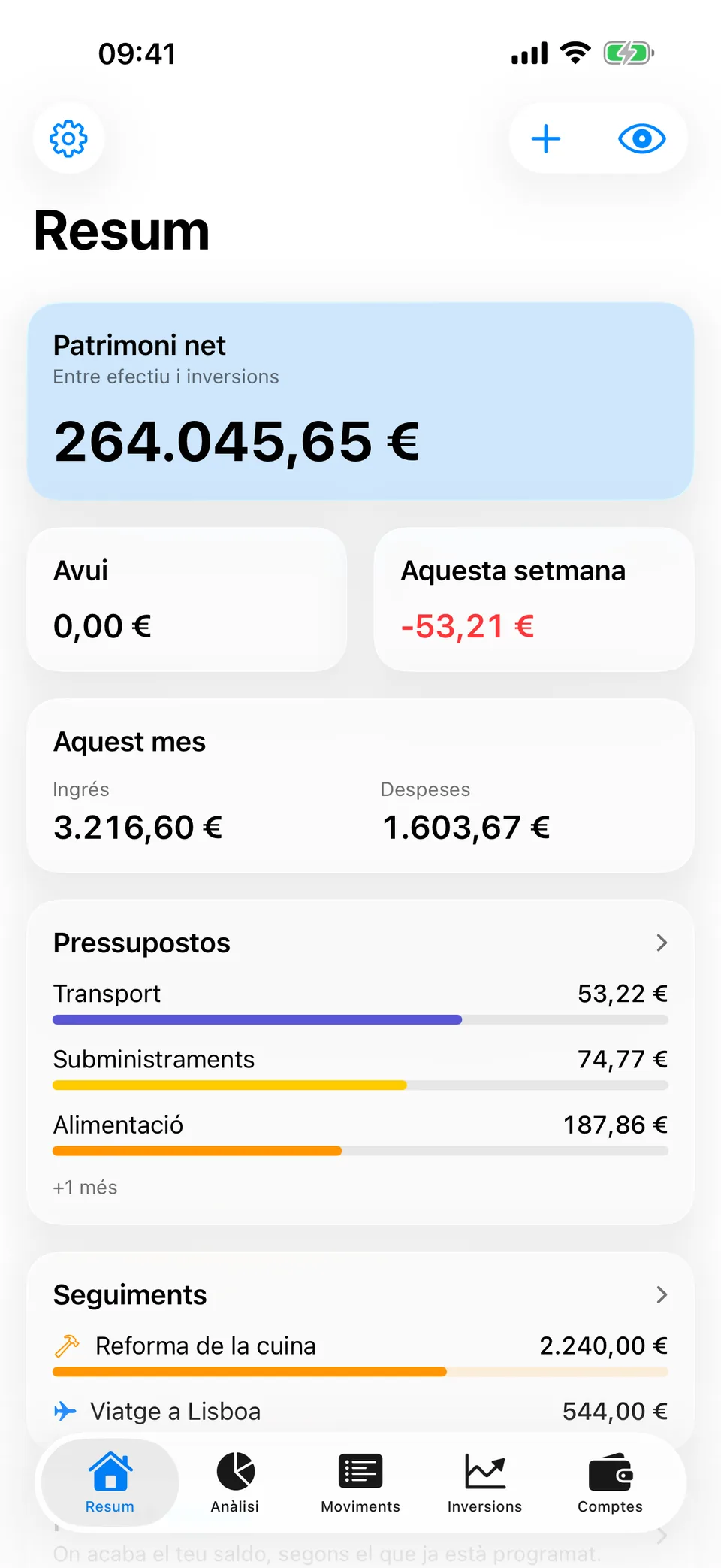 La pantalla Resum d'Arrel: patrimoni net entre efectiu i inversions, despesa d'avui i d'aquesta setmana, ingressos enfront de despeses del mes, l'avanç de cada pressupost per categoria i els seguiments oberts.