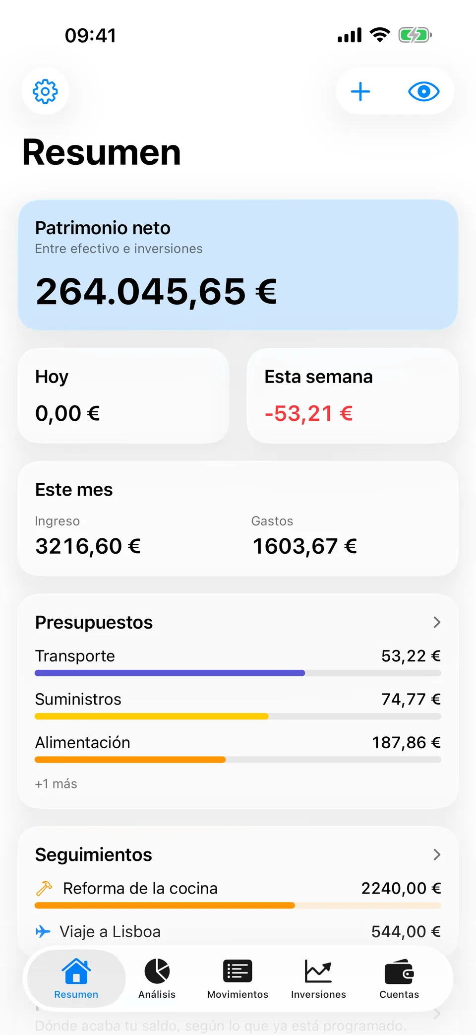 La pantalla Resumen de Arrel: patrimonio neto entre efectivo e inversiones, gasto de hoy y de esta semana, ingresos frente a gastos del mes, el avance de cada presupuesto por categoría y los seguimientos abiertos.