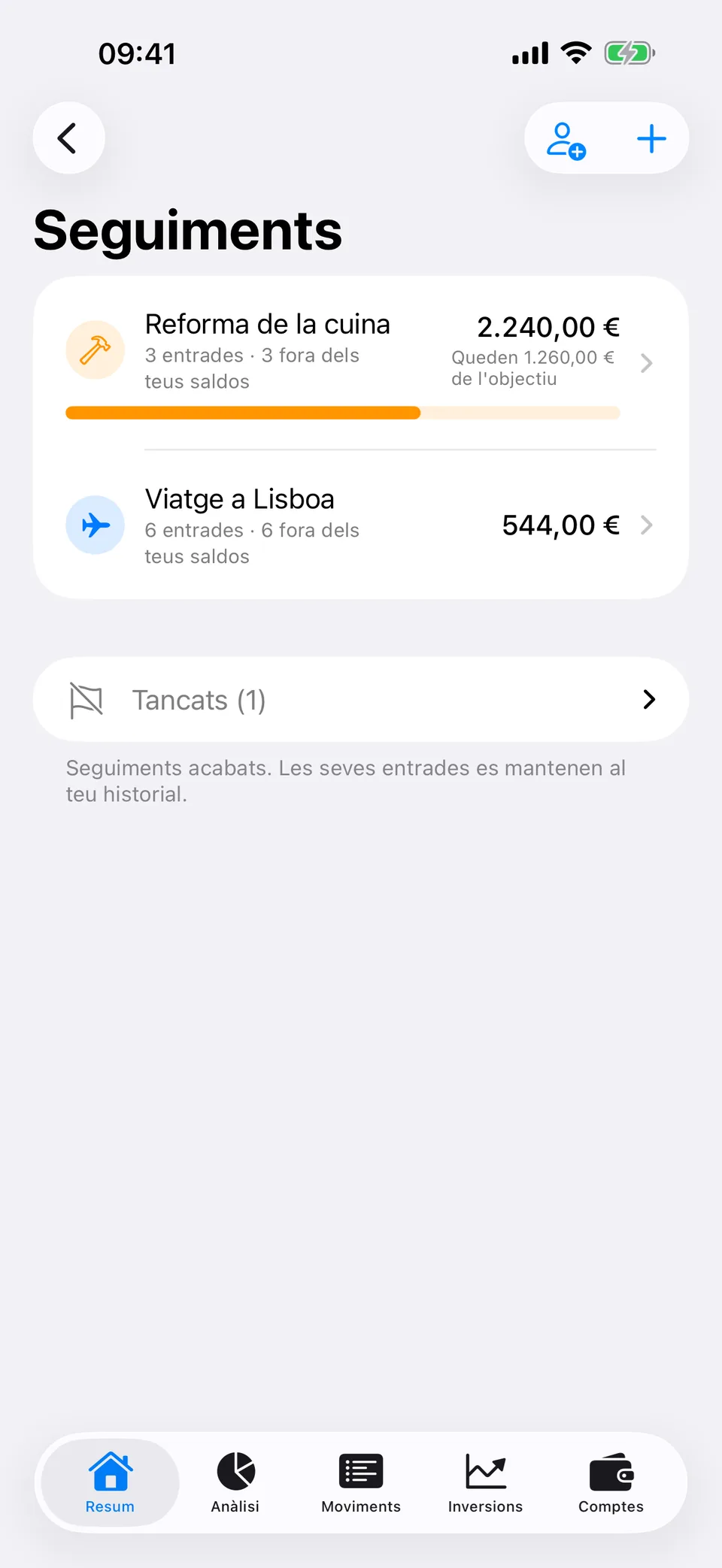 La pantalla Seguiments d'Arrel: un seguiment de Reforma de la cuina amb el seu avanç sobre l'objectiu, un Viatge a Lisboa amb sis entrades i una secció amb els seguiments ja tancats.