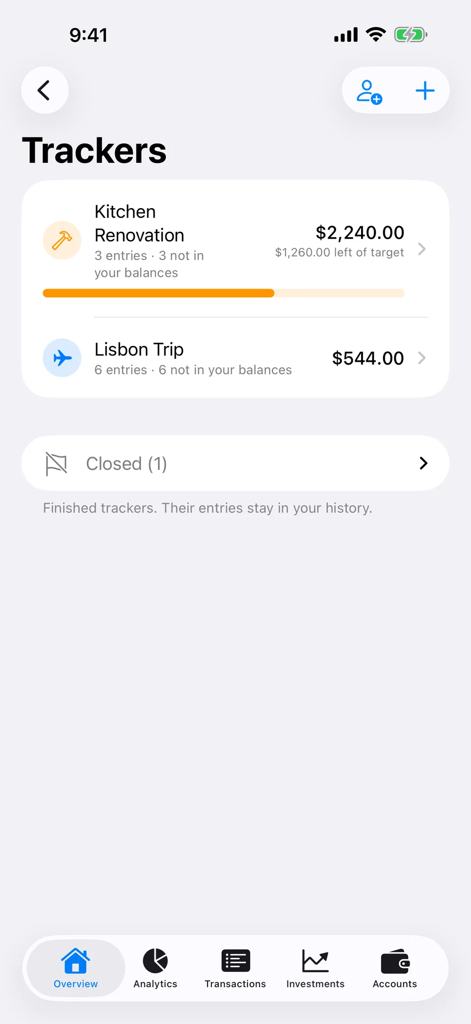 Arrel’s Trackers screen: a Kitchen Renovation tracker showing spending against its target, a Lisbon Trip tracker with six entries, and a section holding finished trackers.