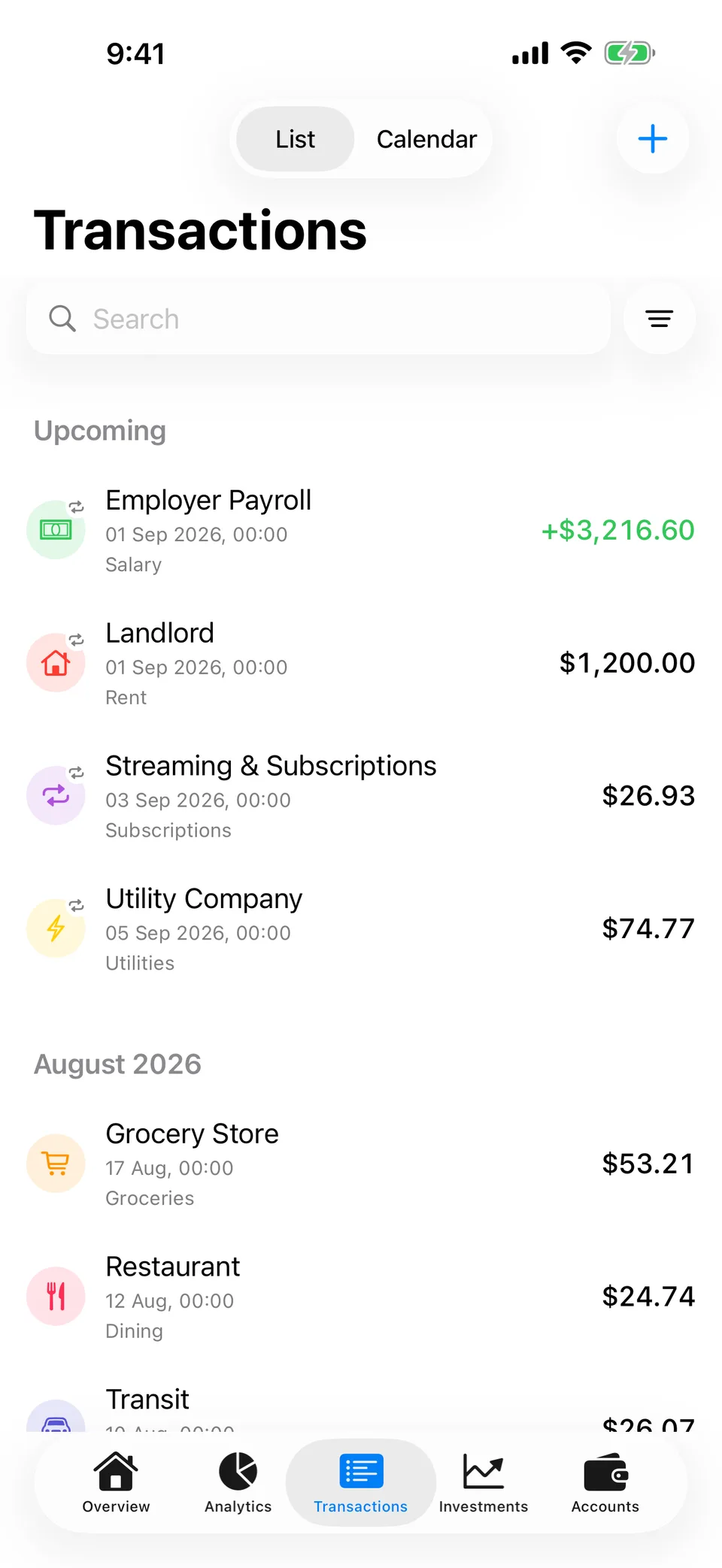 Arrel’s Transactions screen: an Upcoming section listing a $3,216.60 salary and $1,200.00 rent due on 1 September, then August’s transactions — $53.21 at a grocery store, $24.74 dining, $26.07 transit — each with its category.