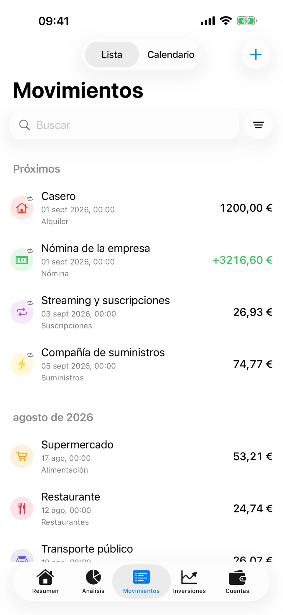La pantalla Movimientos de Arrel: en Próximos, el alquiler de 1200,00 € y una nómina de +3216,60 € el 1 de septiembre; debajo, los movimientos de agosto — 53,21 € en el supermercado, 24,74 € en un restaurante, 26,07 € en transporte — cada uno con su categoría.